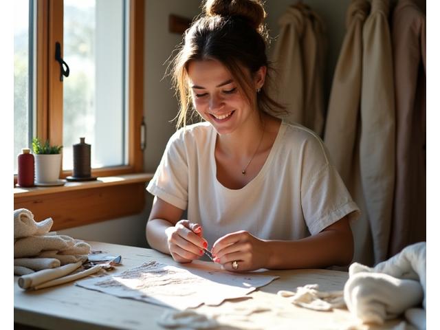 Diseñadora de ArteSana Moda trabajando en su taller en Madrid, rodeada de telas y diseños de ropa hechos a mano.