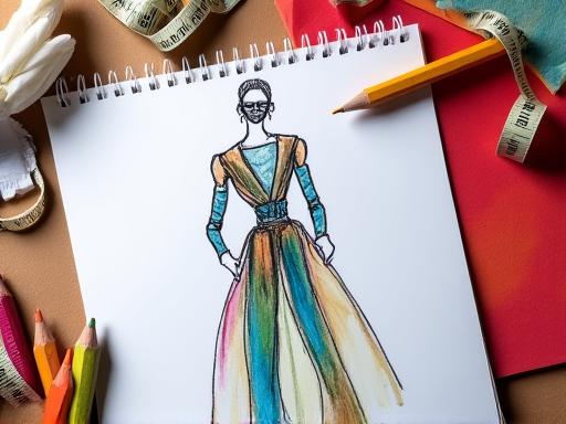 Boceto de diseño de moda exclusivo en un cuaderno con lápices y patrones, reflejando creatividad