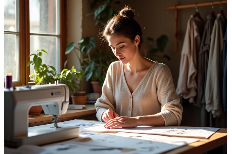 Fundadora de ArteSana Moda trabajando en su taller de costura en Madrid, rodeada de telas y diseños